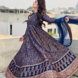 Navy Blue Katan Silk Maxi Suit with Golden Floral Embroidery